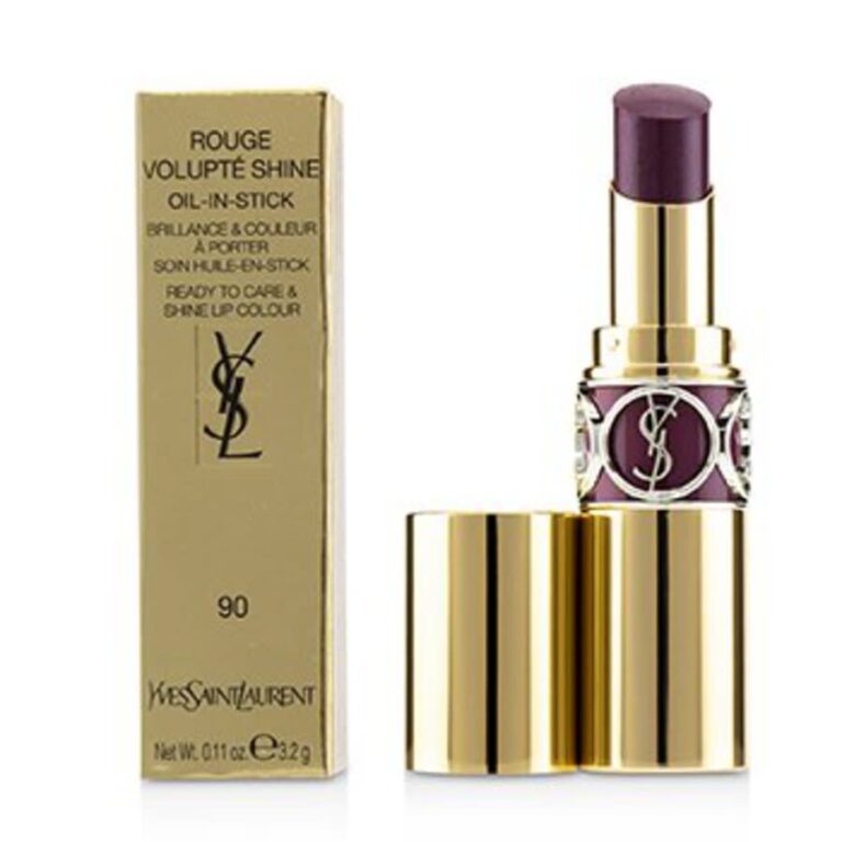 Pintalabios YSL Rouge Volupté Shine Nº 90 Plum Tunique - abierto y con caja