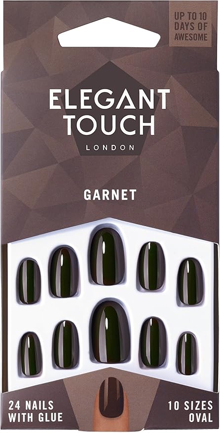 Caja de 24 uñas postizas burdeos Garnet con el pegamento para uñas postizas incluido de la marca Elegant Touch