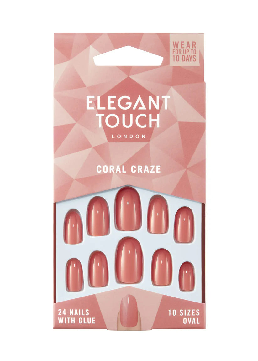 Caja de 24 uñas postizas color coral con el pegamento para uñas postizas incluido de la marca Elegant Touch