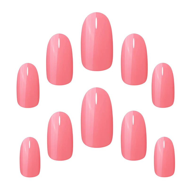 Muestra de 10 uñas postizas color coral de varios tamaños con el pegamento para uñas postizas incluido de la marca Elegant Touch