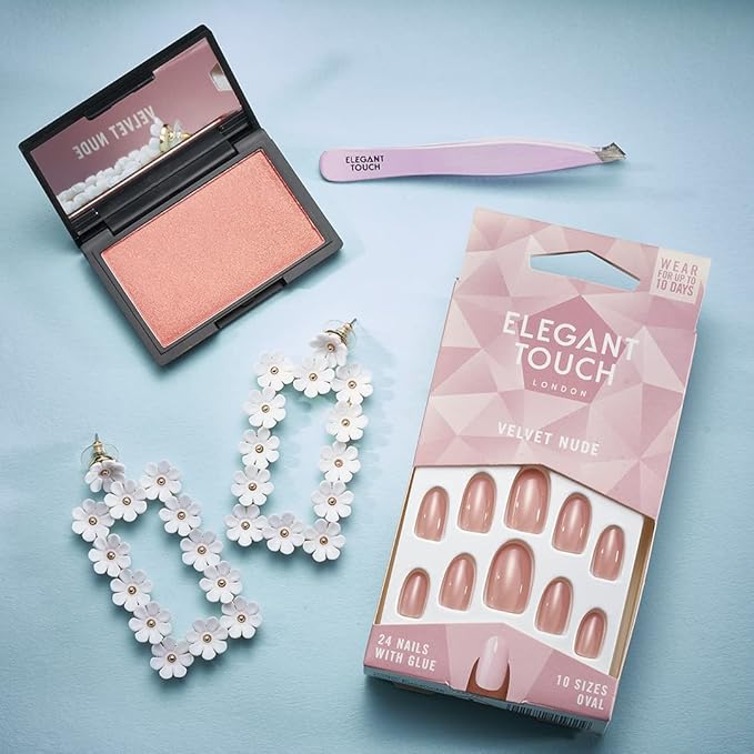 Caja de 24 uñas postizas rosas Velvet Rose con el pegamento para uñas postizas incluido con espejo y corta cutículas