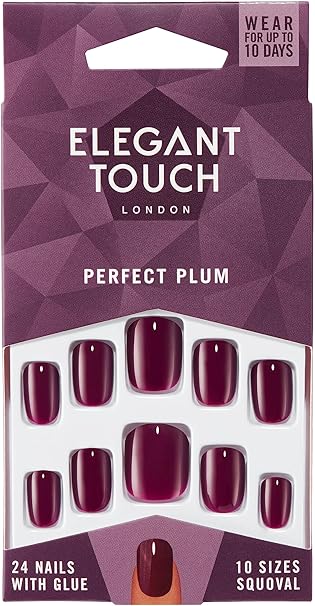 Caja de 24 uñas postizas moradas Perfect Plum con el pegamento para uñas postizas incluido de la marca Elegant Touch