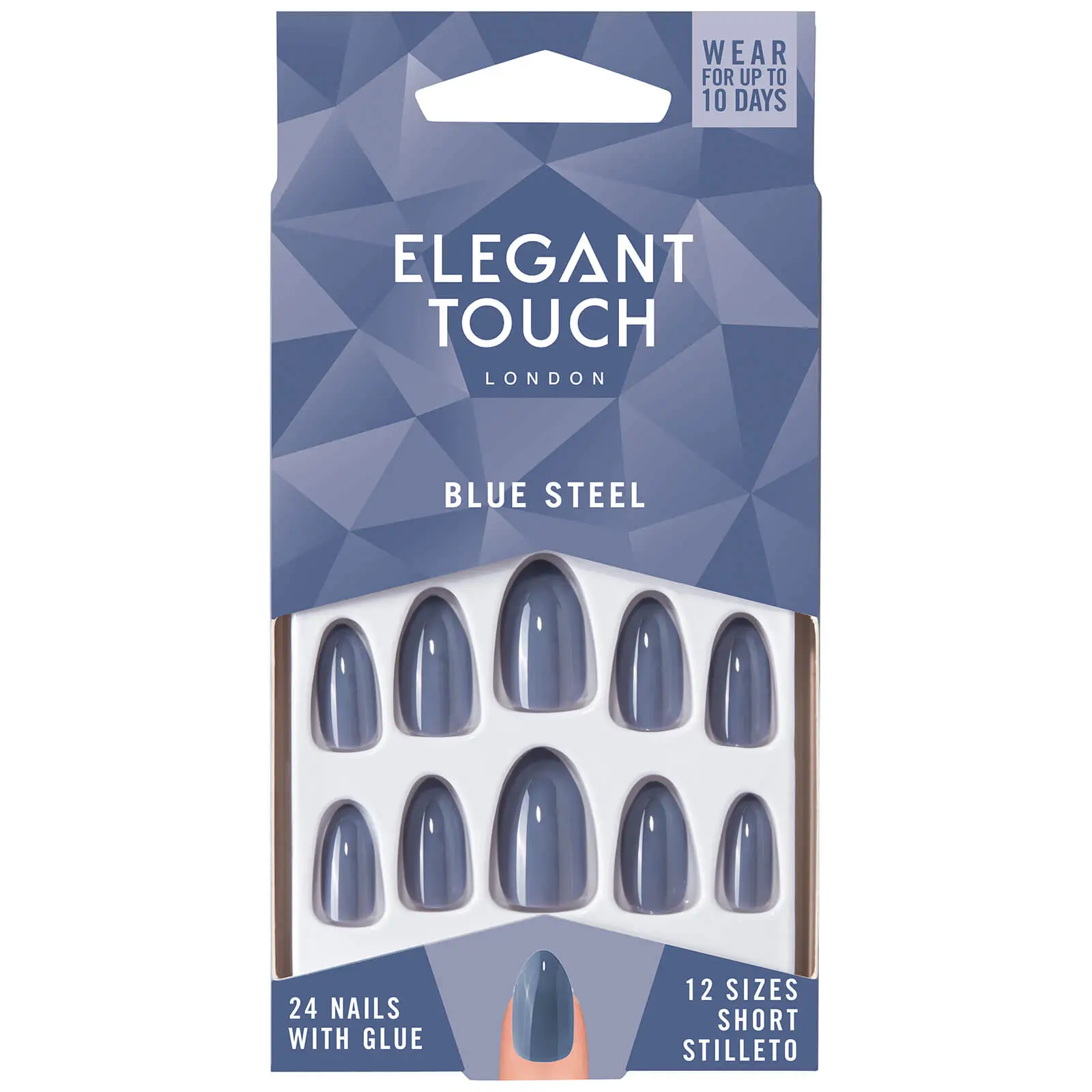 Caja de 24 uñas postizas azules Blue Steel con el pegamento para uñas postizas incluido de la marca Elegant Touch