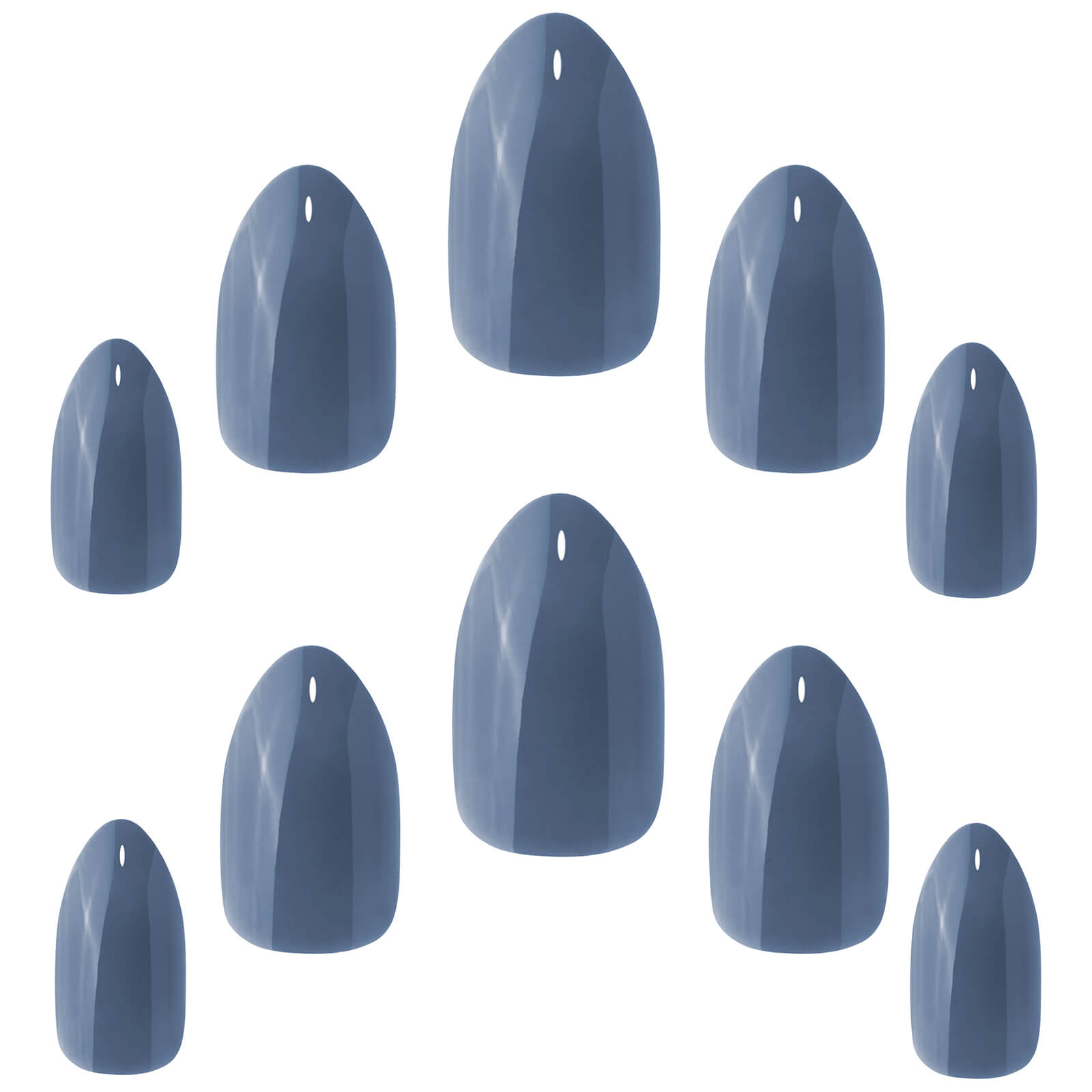 Muestra de 10 uñas postizas azules de varios tamaños con el pegamento para uñas postizas incluido de la marca Elegant Touch