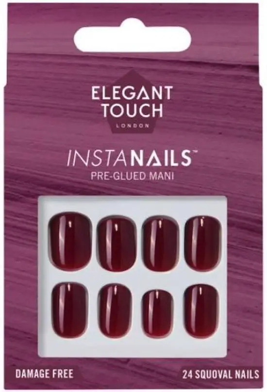Caja de 24 uñas postizas burdeos color vino con el pegamento para uñas postizas incluido de la marca Elegant Touch