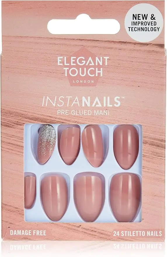 Caja de 24 uñas postizas nude con incrustaciones y purpurina, pegamento para uñas postizas incluido de Elegant Touch