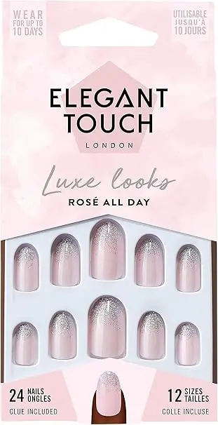 Caja de 24 uñas postizas francesas rosas con el pegamento para uñas postizas incluido de la marca Elegant Touch