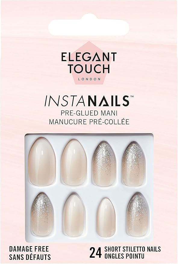 Caja de 24 uñas postizas francesas nude con punta blanca y purpurina, pegamento para uñas postizas incluido de Elegant Touch