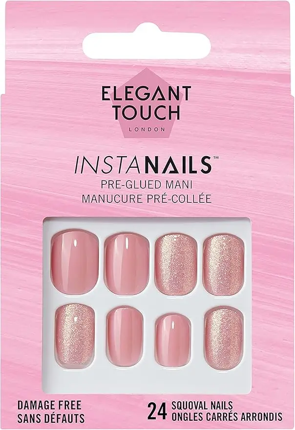 Caja de 24 uñas postizas rosas con purpurina dorada, pegamento para uñas postizas incluido de Elegant Touch