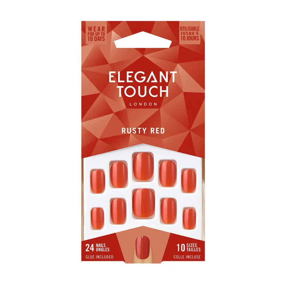 Caja de 24 uñas postizas rojas Rusty Red con el pegamento para uñas postizas incluido de la marca Elegant Touch