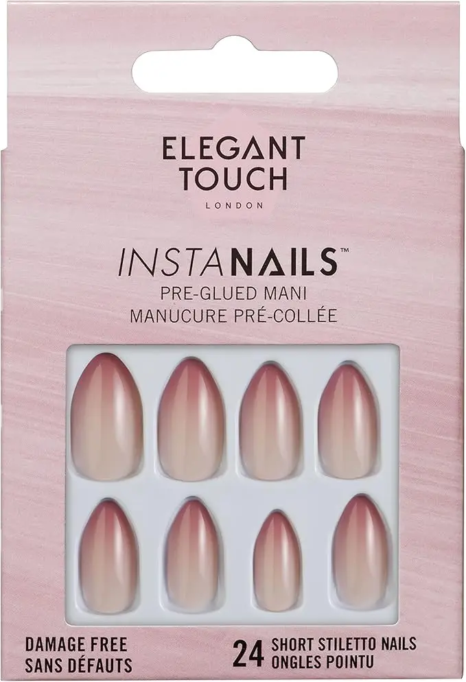 Caja de 24 uñas postizas francesas nude con punta rosa y pegamento para uñas postizas incluido de Elegant Touch