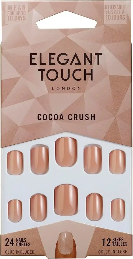Caja de 24 uñas postizas marrones Cocoa Crush con el pegamento para uñas postizas incluido de la marca Elegant Touch