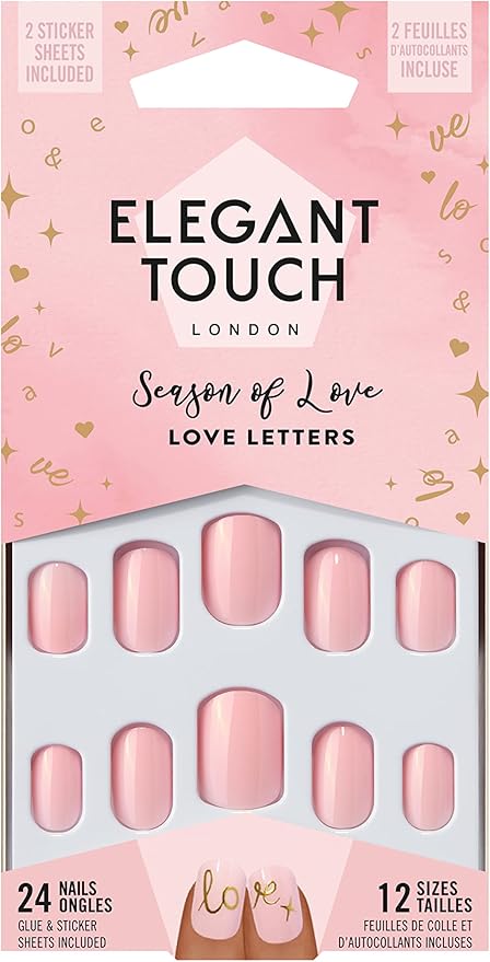Caja de 24 uñas postizas rosas Love letters con el pegamento para uñas postizas incluido de la marca Elegant Touch
