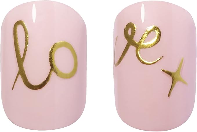 Muestra de 2 uñas postizas rosas de varios tamaños con el pegamento para uñas postizas incluido de la marca Elegant Touch