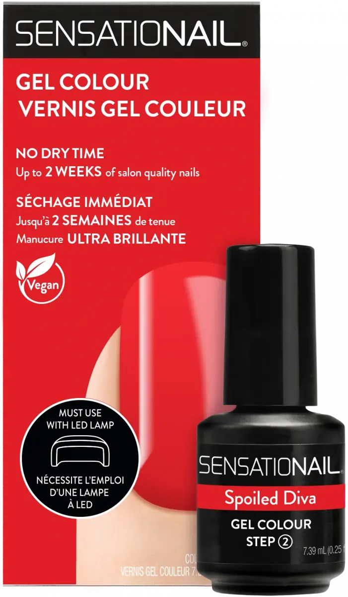 Caja y frasco del esmalte de gel para uñas semipermanentes rojas Spoiled Diva de la marca Sensationail