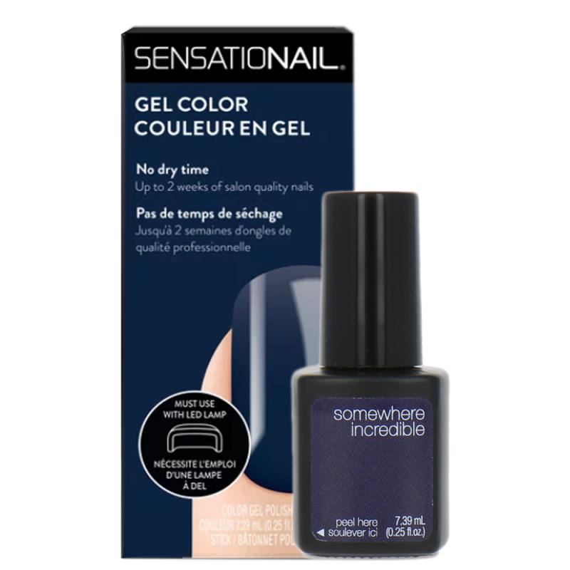 Caja y frasco del esmalte de gel para uñas semipermanentes moradas Somewhere Incredible de la marca Sensationail
