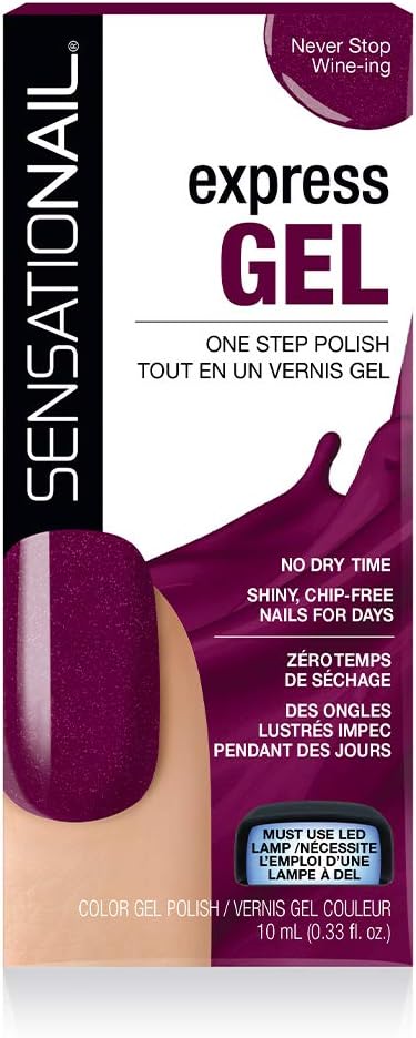 Caja del esmalte de gel  express para uñas semipermanentes de color burdeos Never Stop Wine-ing marca Sensationail