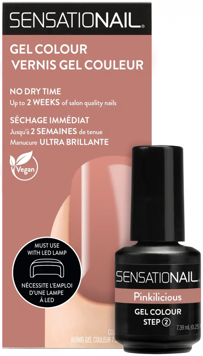 Caja y frasco del esmalte de gel para uñas semipermanentes nude Pinkilicious de la marca Sensationail