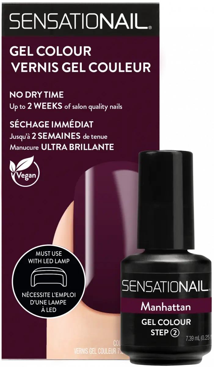 Caja y frasco del esmalte de gel para uñas semipermanentes moradas Manhattan de la marca Sensationail
