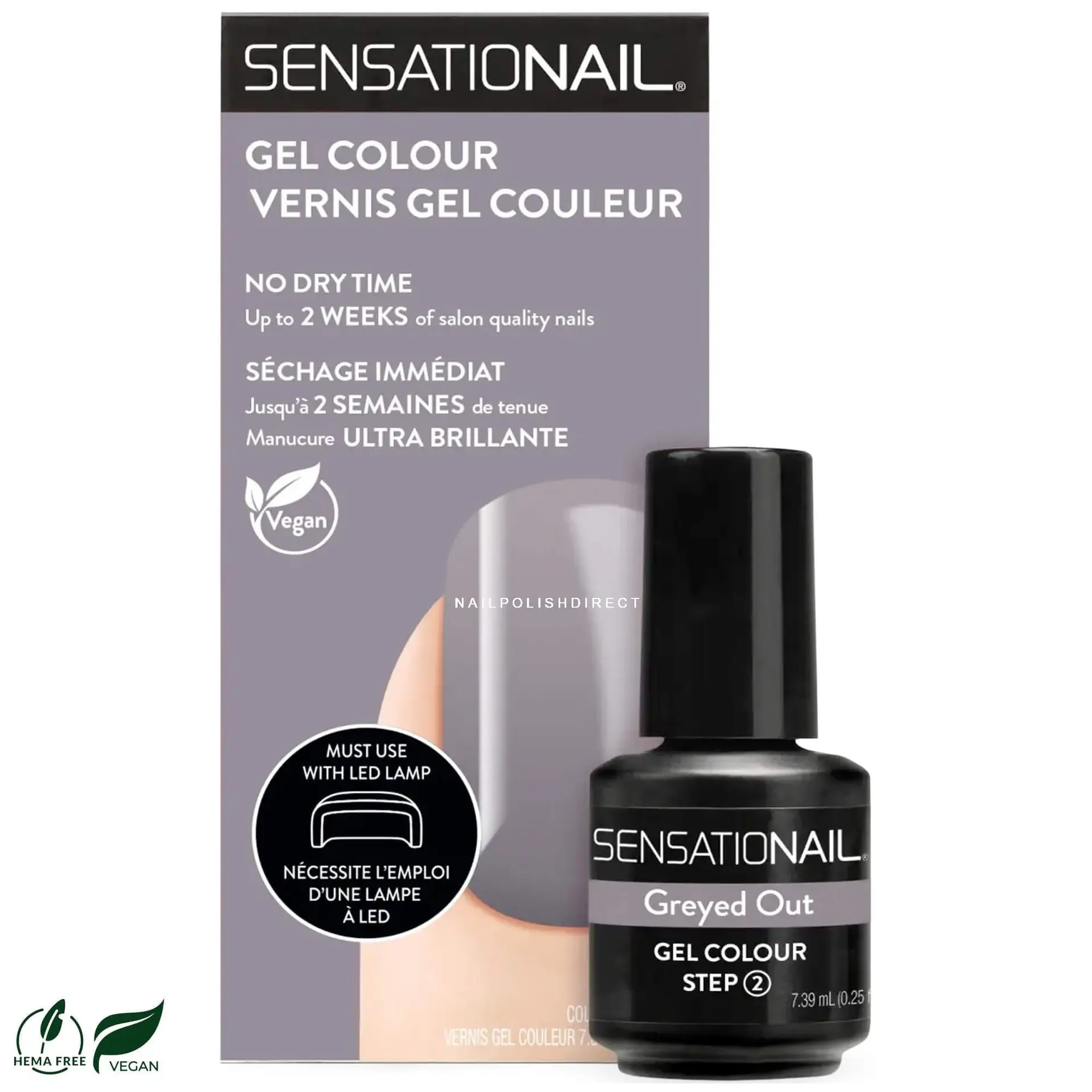 Caja y frasco del esmalte de gel para uñas semipermanentes brillantes de color gris Greyed Out marca Sensationail