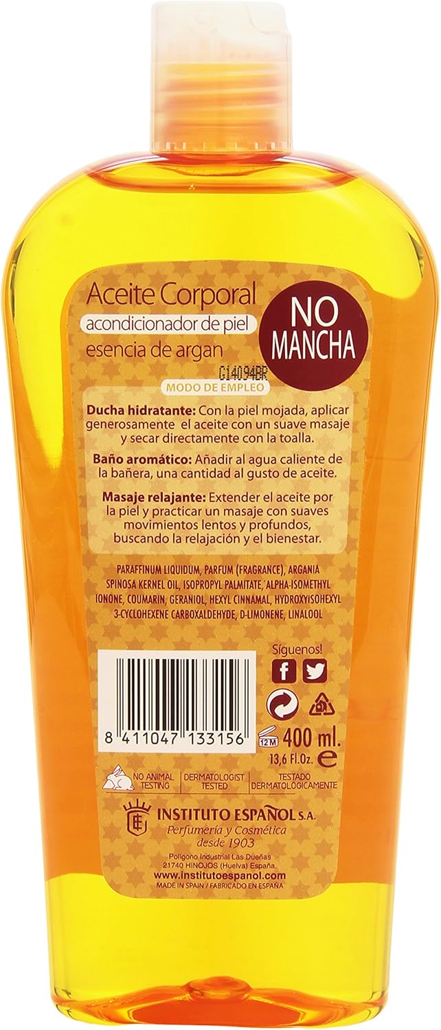 Trasera del Aceite corporal esencia de Argan de Instituto Español 400 ml