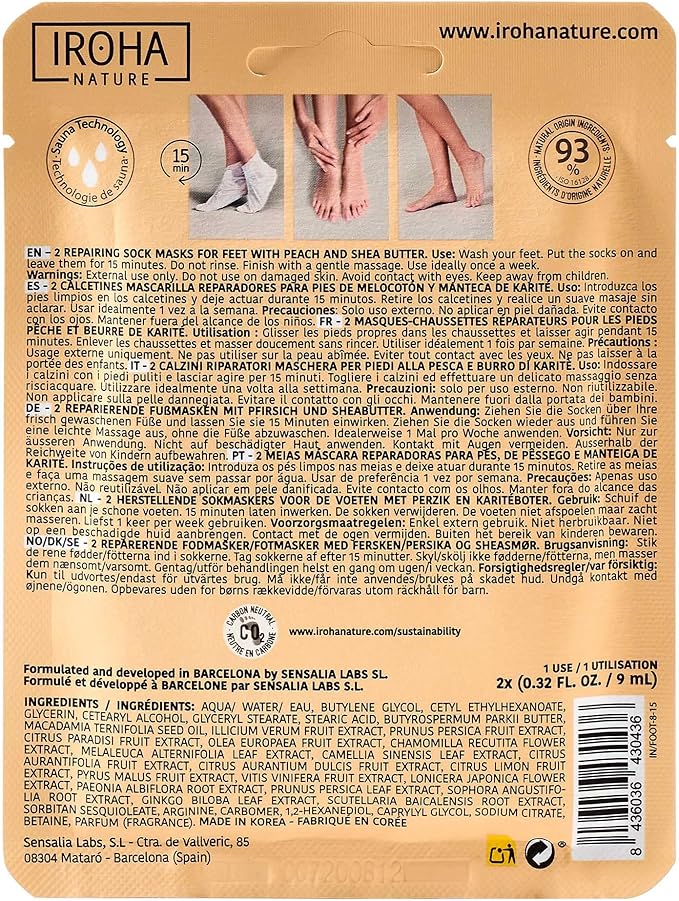 Calcetines Mascarilla REPAIR Iroha Nature (2 unidades) – Hidratación y Reparación Profunda parte posterior del envase