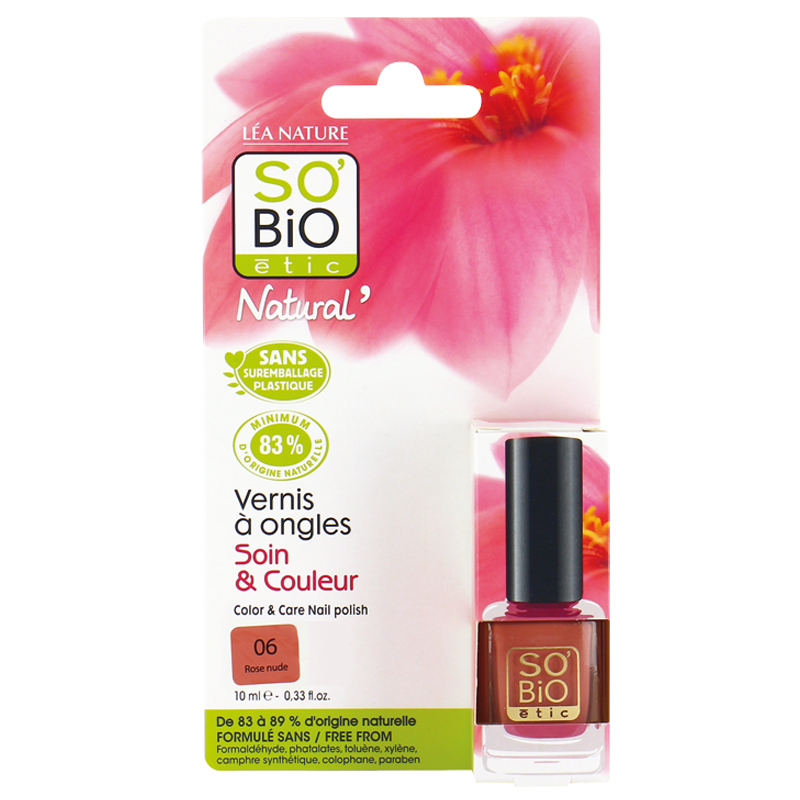 Parte delantera de la caja del esmalte de uñas sin toxicos para uñas nude nº 06 Rosa Nude profesionales, naturales y brillantes de So'Bio Étic