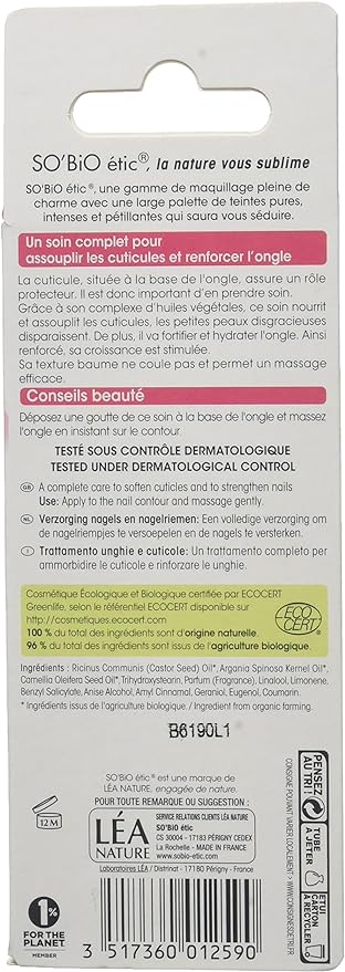 Parte trasera del fortalecedor de uñas con aceite de ricino y vitaminas para las uñas de So'Bio Étic