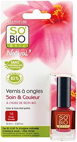 Parte delantera de la caja del esmalte de uñas sin toxicos para uñas rojas nº 16 Rouge Grenade profesionales, naturales y brillantes de So'Bio Étic
