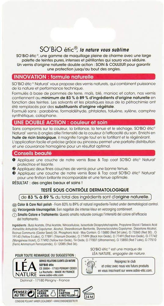 Parte trasera de la caja del esmalte de uñas sin toxicos para uñas rojas nº 16 Rouge Grenade profesionales, naturales y brillantes de So'Bio Étic