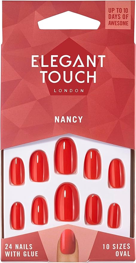 Caja de 24 uñas postizas rojas Nancy con el pegamento para uñas postizas incluido de la marca Elegant Touch