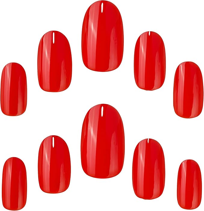 Muestra de 10 uñas postizas rojas de varios tamaños con el pegamento para uñas postizas incluido de la marca Elegant Touch