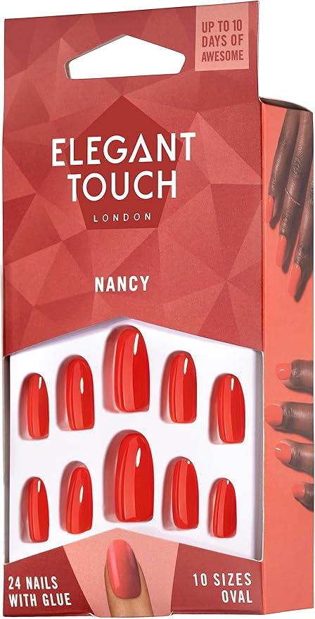 Caja inclinada de 24 uñas postizas rojas Nancy con el pegamento para uñas postizas incluido de la marca Elegant Touch
