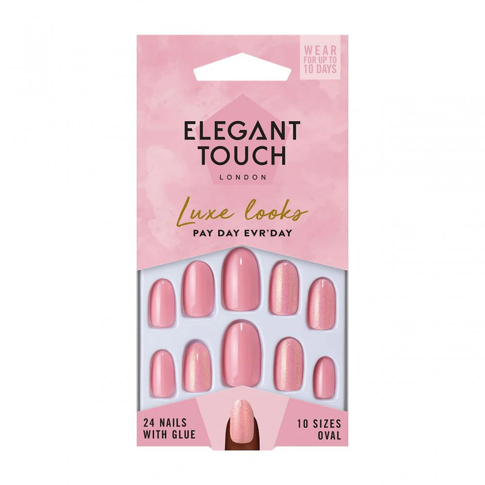Caja de 24 uñas postizas francesas rosas con purpurina dorada Pay Day Ev'ryday con el pegamento para uñas postizas incluido Elegant Touch