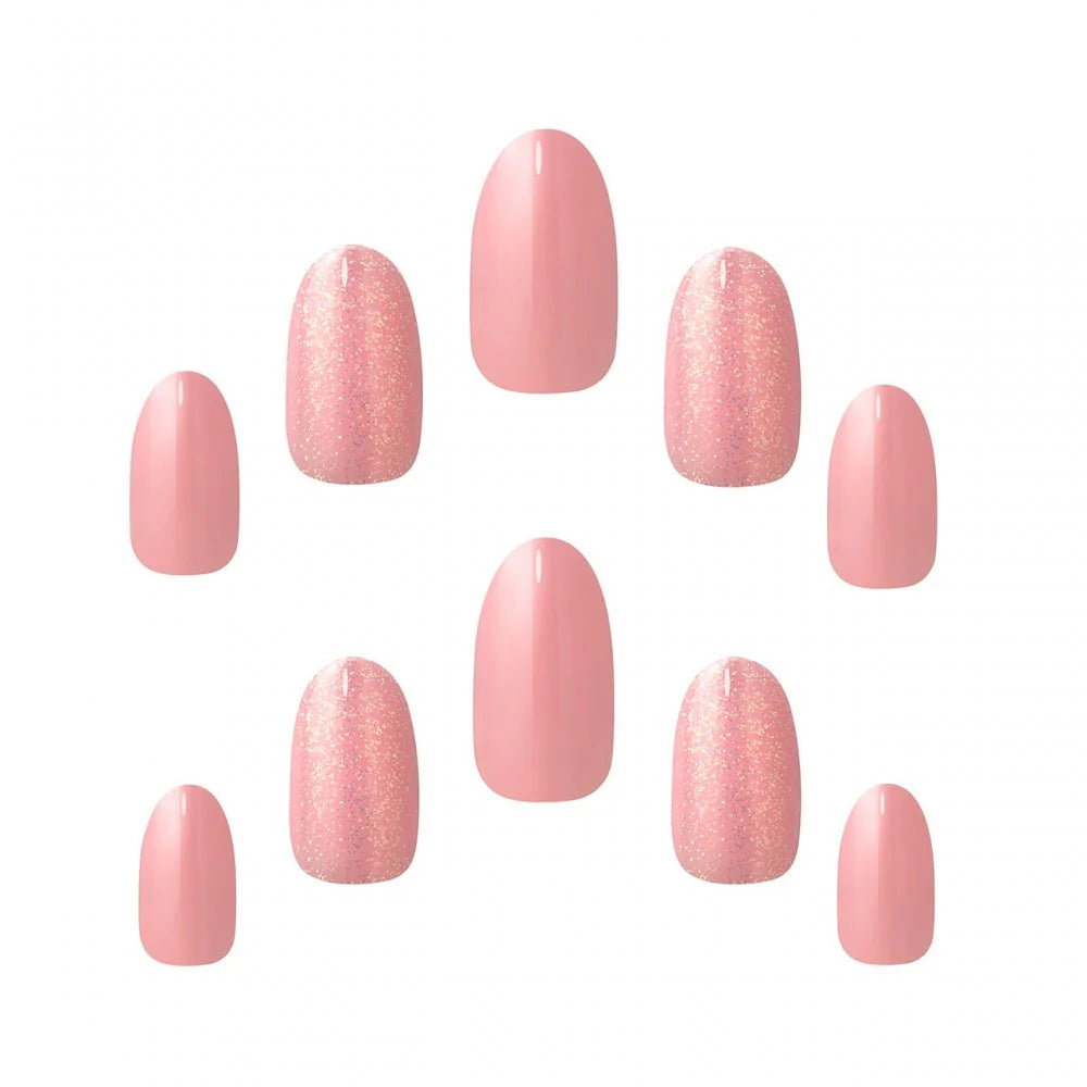 Muestra de 10 uñas postizas francesas rosas con purpurina dorada Pay Day Ev'ryday de varios tamaños con el pegamento para uñas postizas incluido