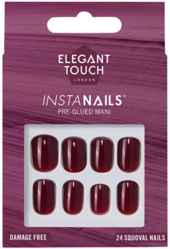 Caja de 24 uñas postizas burdeos color vino con el pegamento para uñas postizas incluido de la marca Elegant Touch