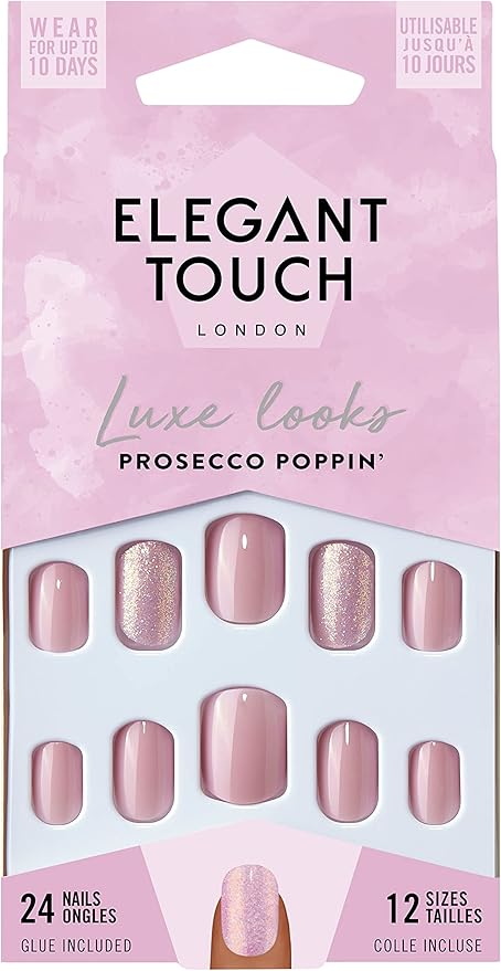 Caja de 24 uñas postizas francesas rosas con purpurina dorada con el pegamento para uñas postizas incluido Elegant Touch