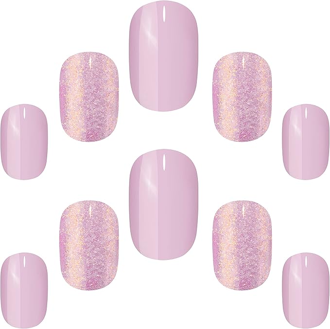Muestra de 10 uñas postizas francesas rosas con purpurina dorada de varios tamaños con el pegamento para uñas postizas incluido