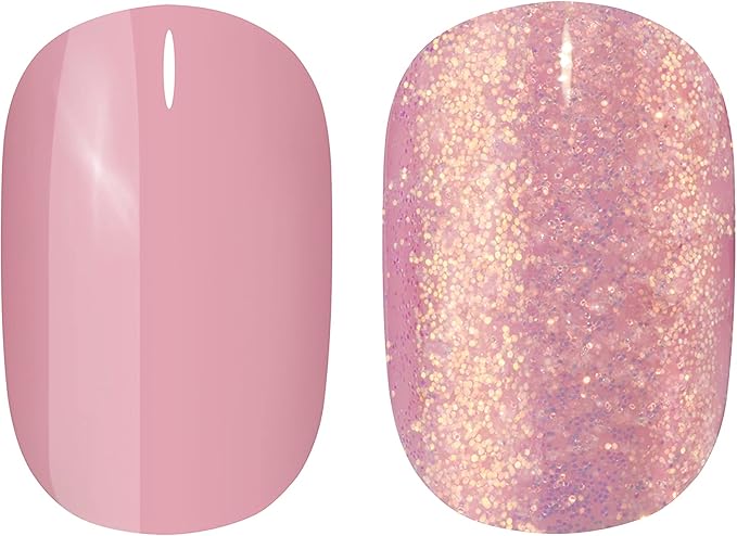 Muestra 2 uñas postizas rosas con purpurina dorada y con el pegamento para uñas postizas incluido de Elegant Touch