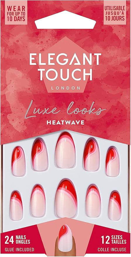 Caja de 24 uñas postizas francesas rosas con punta roja Heatwave con el pegamento para uñas postizas incluido de la marca Elegant Touch