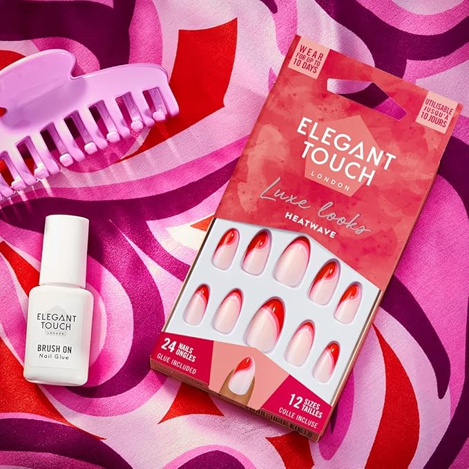 Caja de 24 uñas postizas francesas con punta roja Heatwave y frasco de pegamento para uñas postizas de Elegant Touch