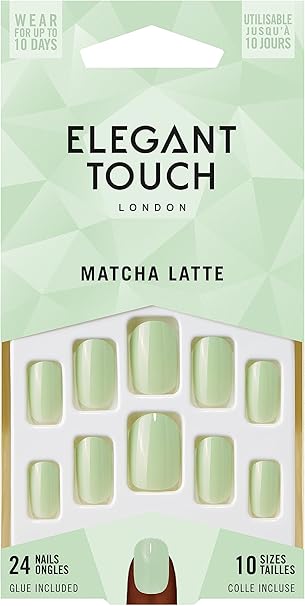 Caja de 24 uñas postizas verdes Matcha Latte con el pegamento para uñas postizas incluido de Elegant Touch