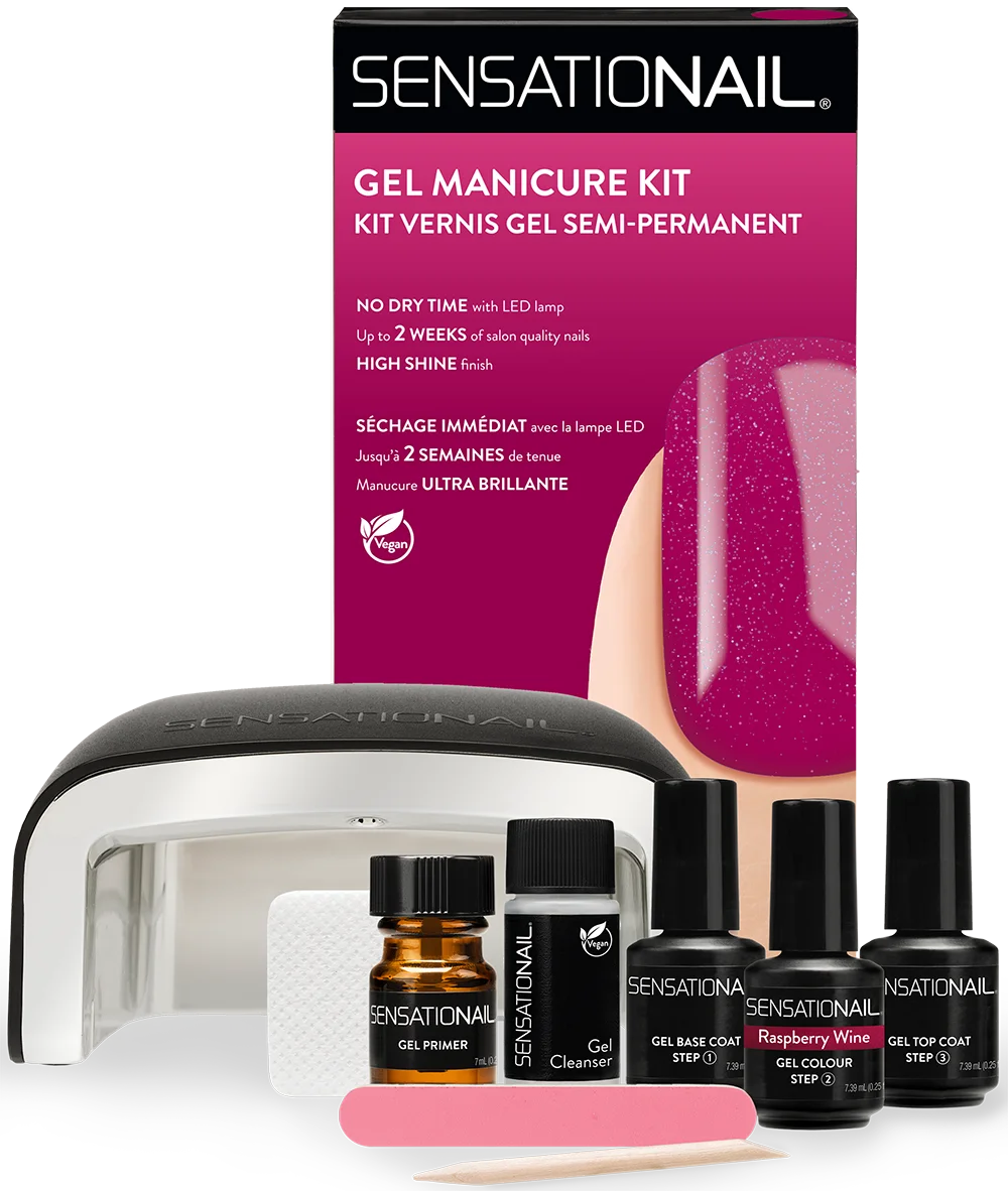kit de uñas profesional con lampara de uñas, lima de uñas, primer gel, base uñas, top coat, esmalte de gel y quita esmalte Raspberry Wine