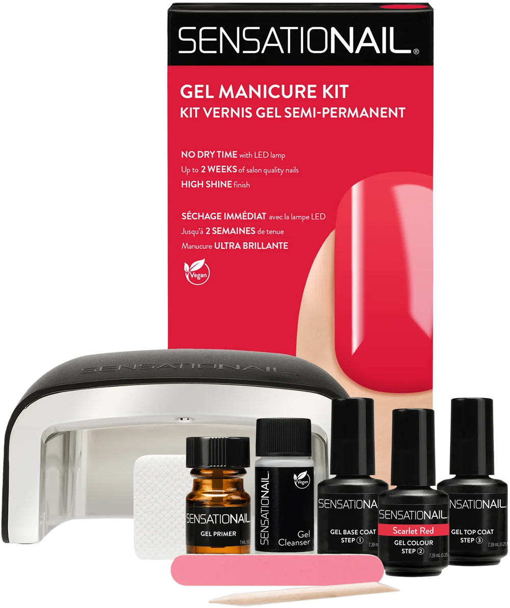 kit de uñas profesional con lampara de uñas, lima de uñas, primer gel, base uñas, top coat, esmalte de gel y quita esmalte Sensationail