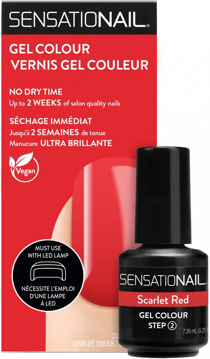 Caja y frasco del esmalte de gel para uñas semipermanentes rojas Scarlet Red de la marca Sensationail