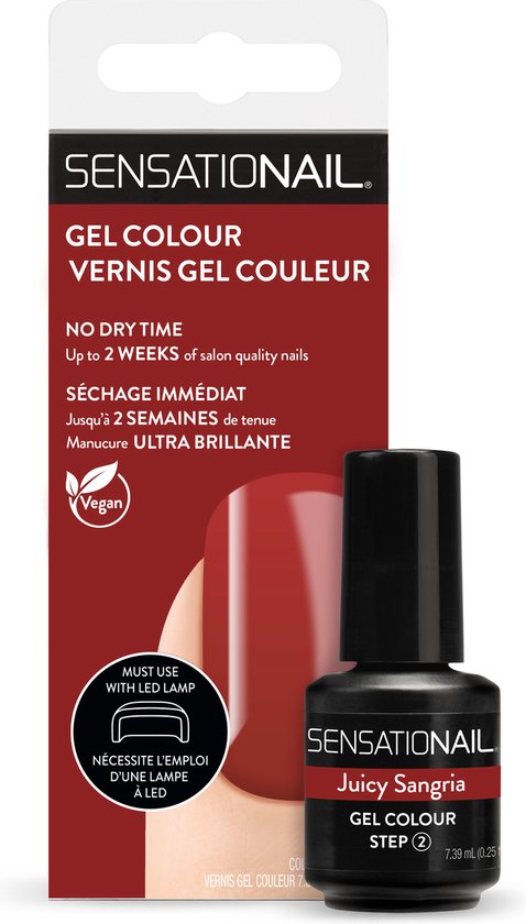 Caja y frasco del esmalte de gel para uñas semipermanentes burdeos Juicy Sangria marca Sensationail