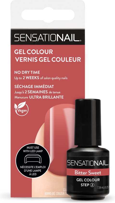 Caja y frasco del esmalte de gel para uñas semipermanentes de color rosa Bitter Sweet marca Sensationail
