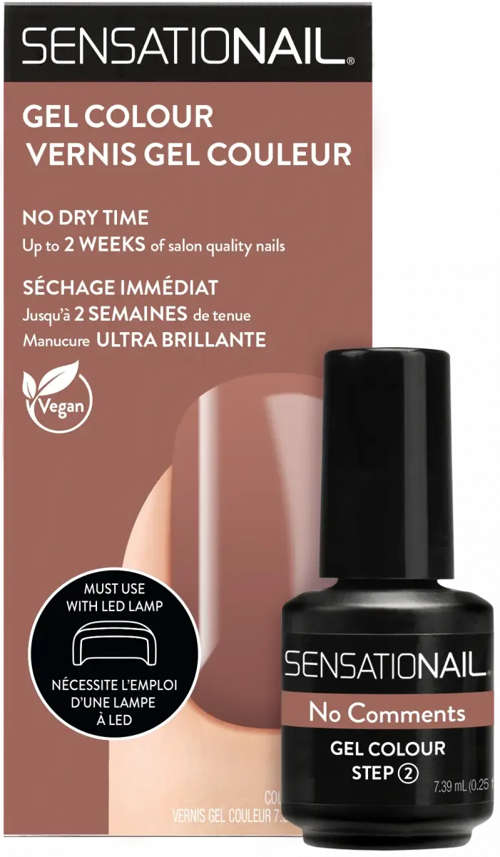 Caja y frasco del esmalte de gel para uñas semipermanentes marrones No Comment de la marca Sensationail