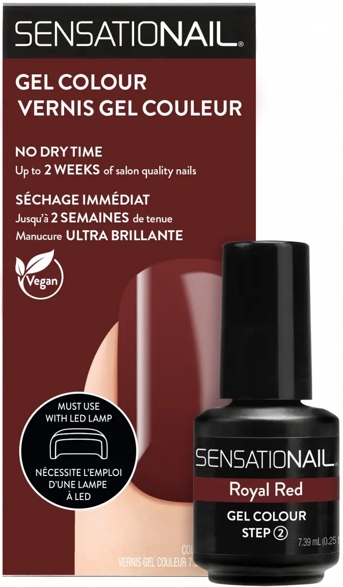 Caja y frasco del esmalte de gel para uñas semipermanentes rojas Royal Red de la marca Sensationail