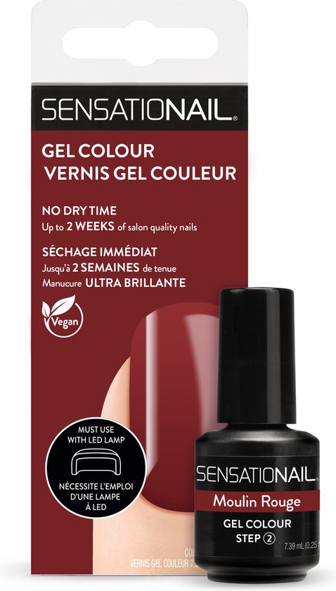 Caja y frasco del esmalte de gel para uñas semipermanentes rojas Moulin Rouge de la marca Sensationail